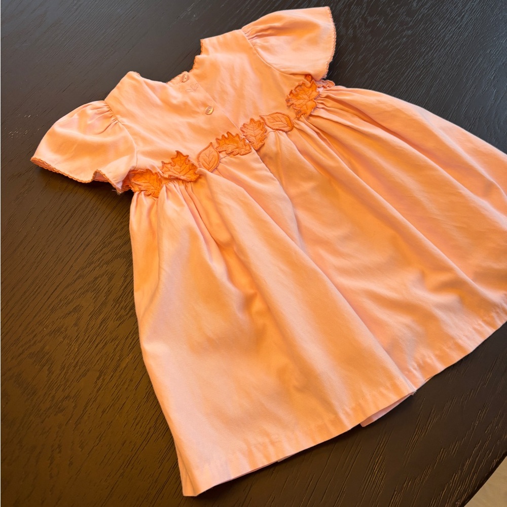 Adorable Peach Kids Dress with Leaf Embroidery